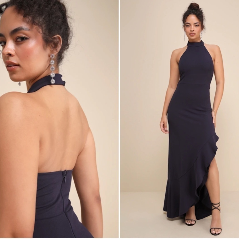 LULU's Chic Sexy Sophisticated Prom Wedding Ruffle Hem Halter Neck Trumpet Maxi - Picture 5 of 6